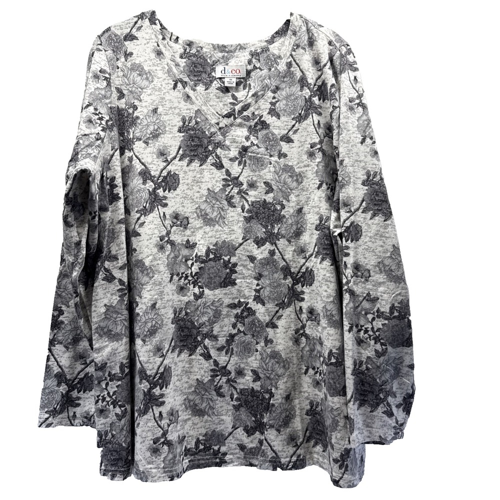 Denim & Co Women Top Size 1X Plus Gray White Long Sleeve Pullover Floral Blouse